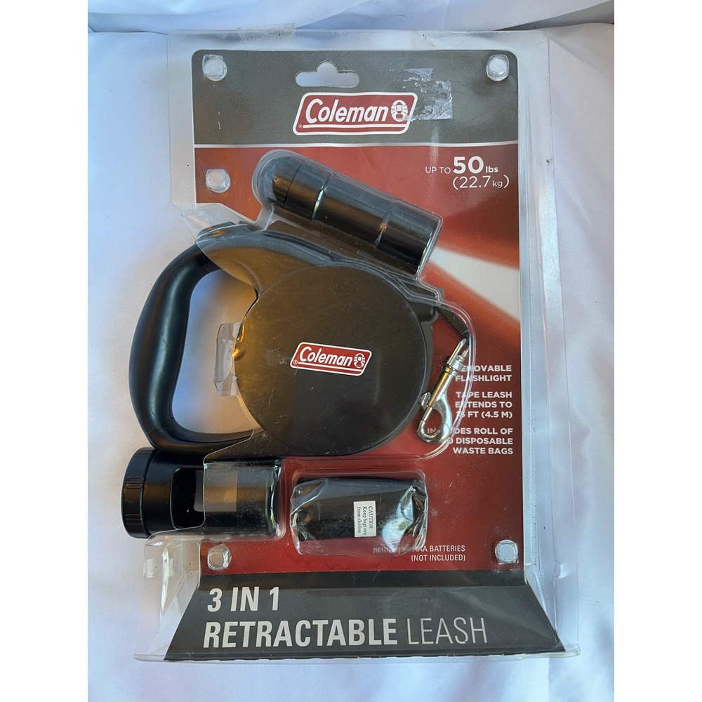 Coleman 3 in 1 Retractable Leash Up To 50 Lbs Black Flashlight Wastebag